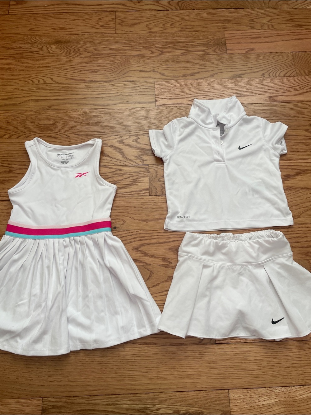 Nike Kids White Tennis Top and Skort Set & Reebok Dress- Pink and Teal Accents